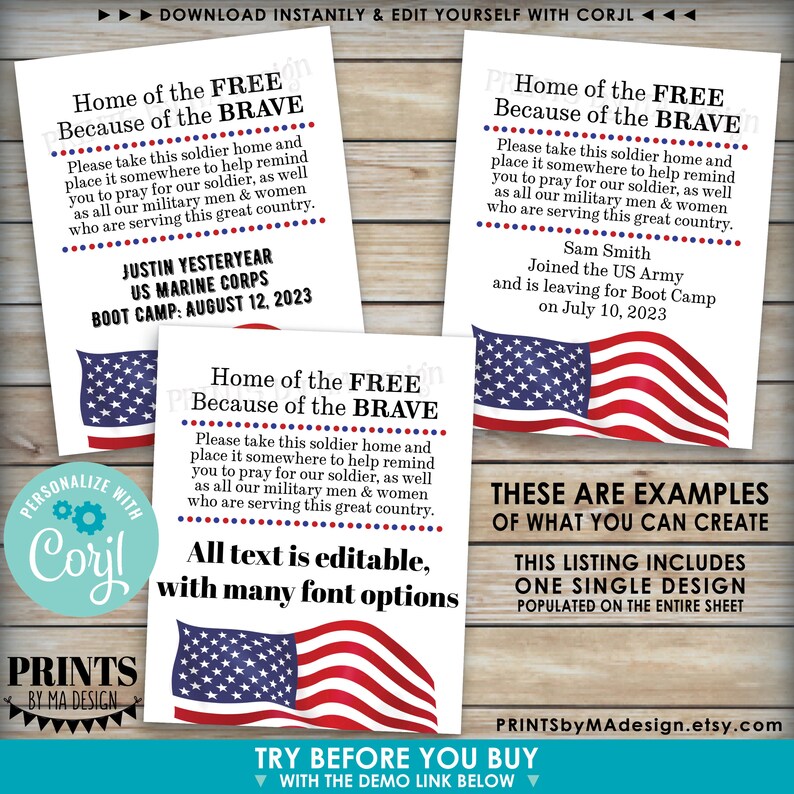 Please Pray for Our US Military Boot Camp Send-off, Take a Soldier, PRINTABLE 8.5x11" Sheet of 4x5" Tags/Cards <Edit Yourself w/Corjl> image 3