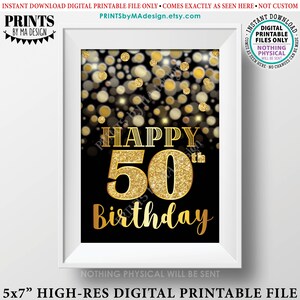 50e verjaardagskaart Zwart & Goud Glitter 50e B-dag Gouden Bokeh, Draaien Vijftig Verjaardagskaart, AFDRUKBAAR 5x7" Digitaal Bestand <ID>