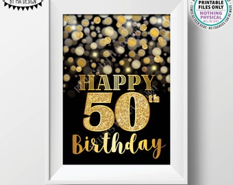 50th Birthday Card Black & Gold Glitter 50th B-day Golden Bokeh, Turning Fifty Birthday Card, PRINTABLE 5x7" Digital File <ID>