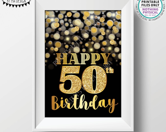 50th Birthday Card Black & Gold Glitter 50th B-day Golden Bokeh, Turning Fifty Birthday Card, PRINTABLE 5x7" Digital File <ID>