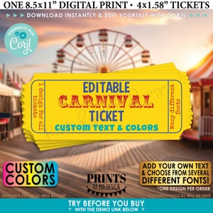 Bearbeitbare Karneval Tickets, benutzerdefinierte 10x1,6 "Zirkus Tickets auf DRUCKBARE 8,5x11" digitale druckbare Datei, ein Design <Bearbeiten Sie sich mit Corjl>