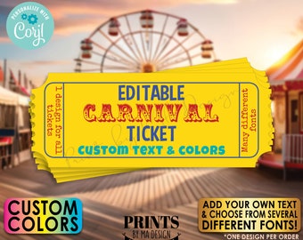 Editable Carnival Tickets, Custom 4x1.6" Circus Tickets on PRINTABLE 8.5x11" Digital Printable File, One Design <Edit Yourself with Corjl>