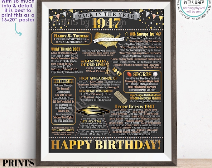 Back in the Year 1947 Birthday Sign, Flashback to 1947 Poster Board, ‘47 B-day Gift, Bday Decoration, PRINTABLE 16x20” Sign <ID>