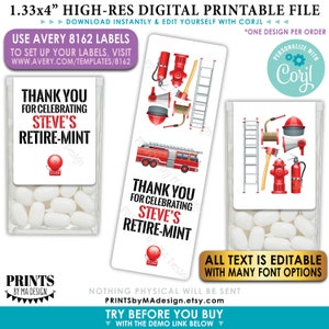 Puede incluir: Etiquetas de favor imprimibles para una fiesta de jubilación. Las etiquetas presentan un camión de bomberos rojo, una boca de incendios, una escalera, un hacha y un extintor. El texto en la etiqueta dice "Gracias por celebrar la jubilación de Steve".