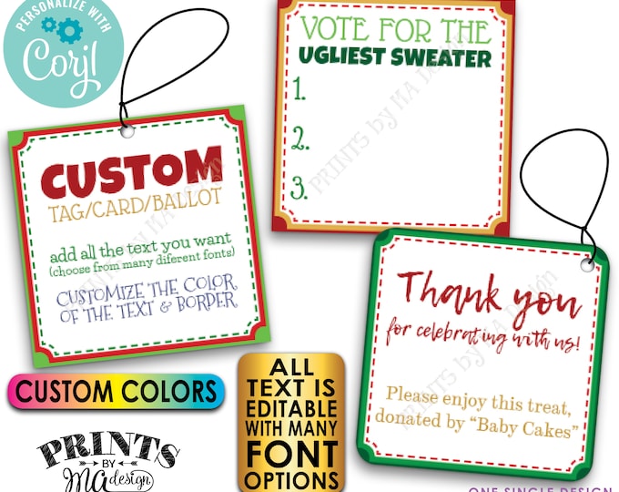 Custom Christmas Tags, Voting Ballots, 3" Square Cards on a Digital PRINTABLE 8.5x11" File <Edit Yourself with Corjl>