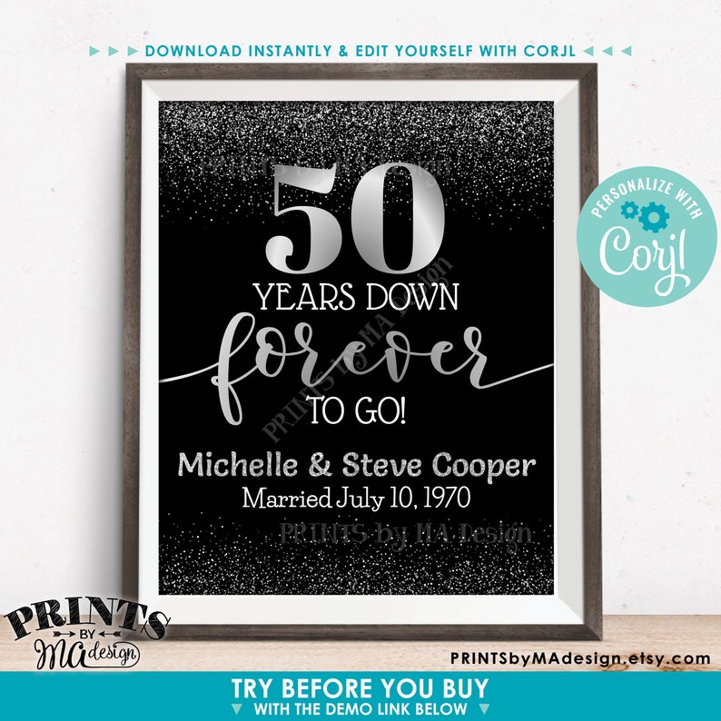 Years Down Forever to Go Anniversary Party Sign, Any Year, Custom PRINTABLE 16x20” Black & Silver Glitter Decor <Edit Yourself with Corjl> image 2