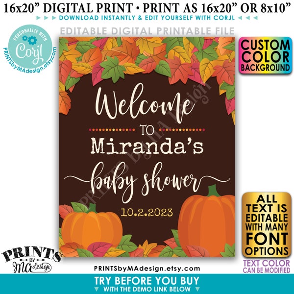 Fall Themed Baby Shower, PRINTABLE 16x20" Editable Sign, Any Color Background, Fall in Love with Baby Welcome Poster <Edit Yourself w/Corjl>