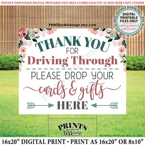 Gracias por conducir, por favor deje caer tarjetas y regalos aquí, evento Drive-By, oro rosa rubor rosa floral IMPRIMIBLE 16x20" Yard Sign <ID>