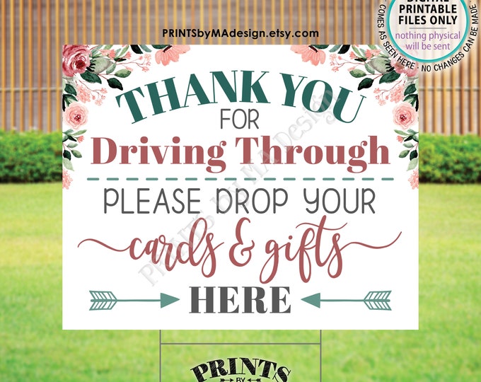 Thank You for Driving By Please Drop Cards & Gifts Here, Drive-By Event, Rose Gold Blush Pink Floral PRINTABLE 16x20” Yard Sign <ID>