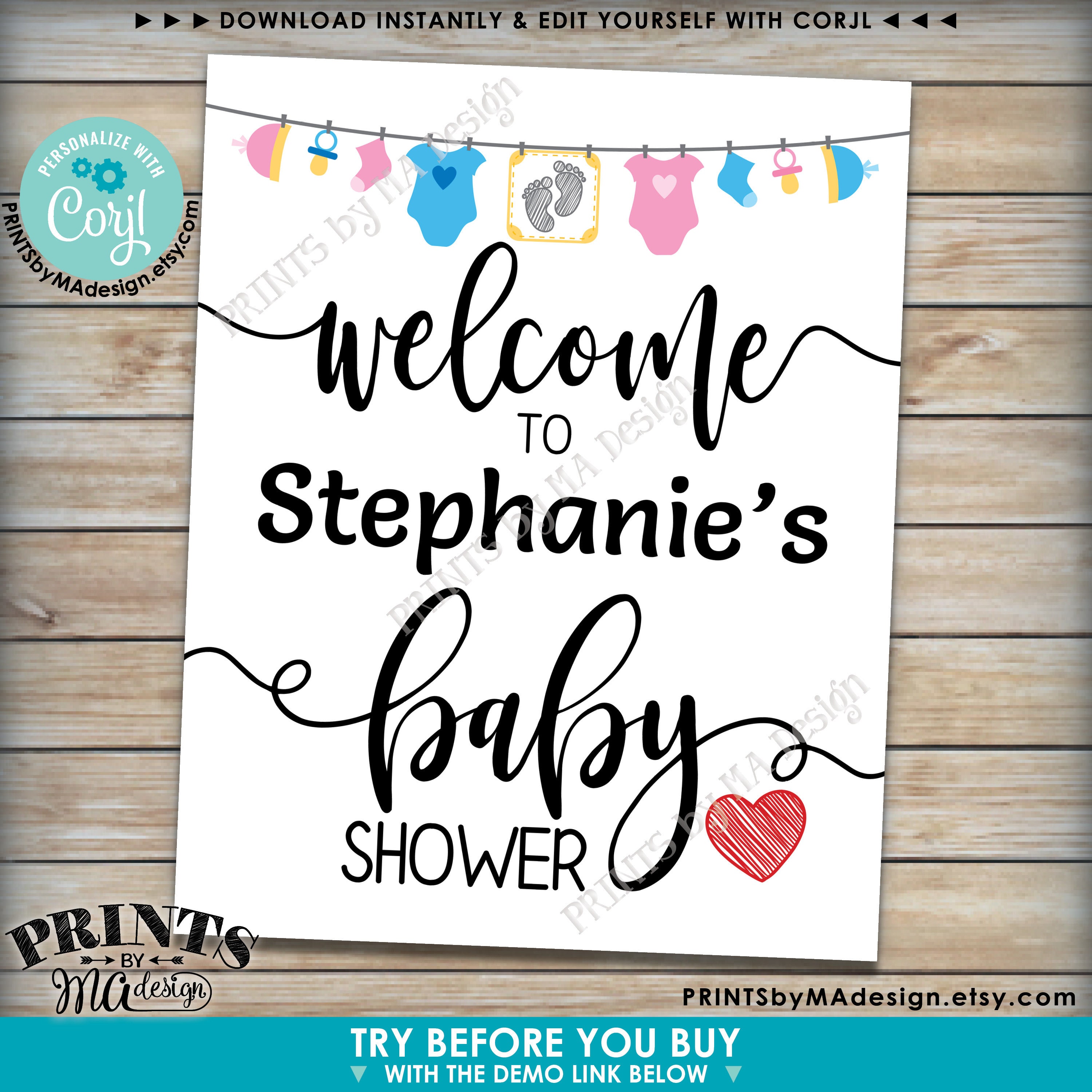 Editable Baby Shower Welcome Sign, Baby Clothesline, Pink &amp; Blue Decor ...