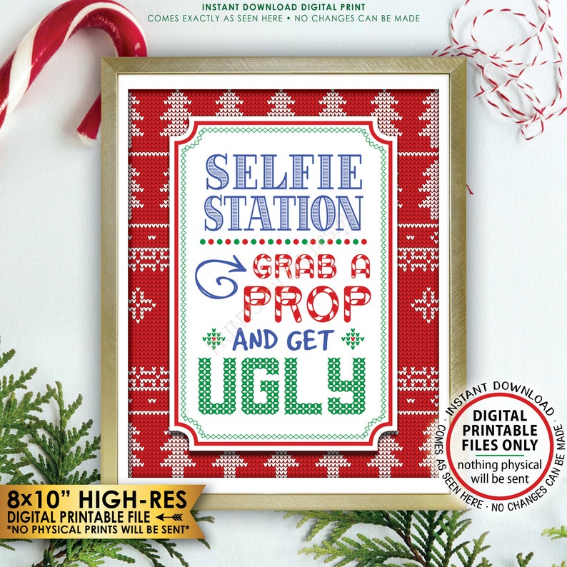 Ugly Christmas Sweater Selfie Station Sign Grab a Prop and - Etsy