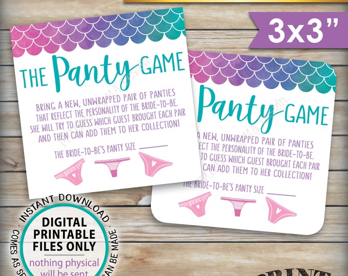 Mermaid Panty Game Cards, Guess the Panties Bachelorette Party Mermaid Bridal Shower, PRINTABLE Watercolor Style 3x3" Cards on 8.5x11" <ID>
