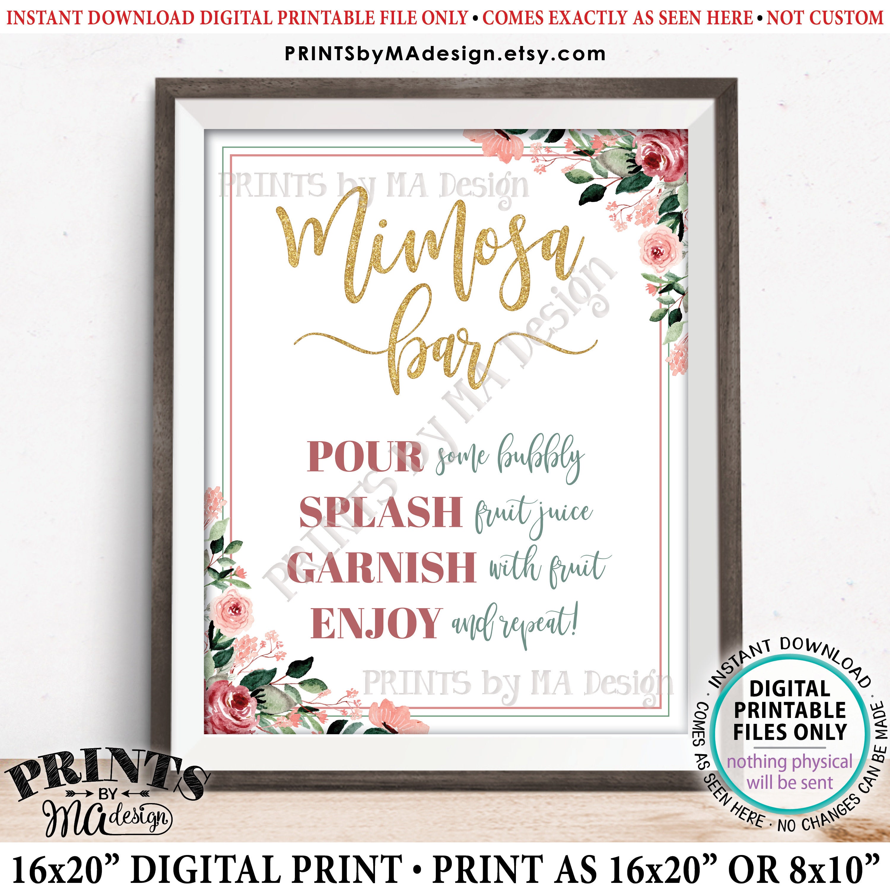 Mimosa Bar Sign, Rose Gold, Blush Floral, Gold Glitter, Bridal Shower ...
