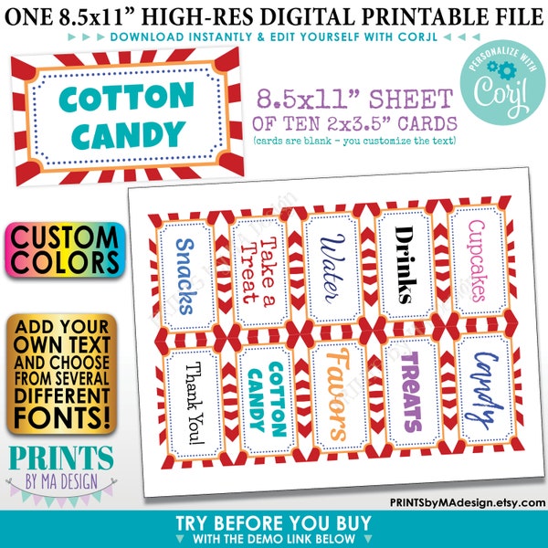 Carnaval Place Cards, Buffet Food Labels, Circus Birthday Party, Custom Colors, 1 PRINTABLE 8.5x11" Sheet of 2x3.5" <Edit Yourself w/Corjl>