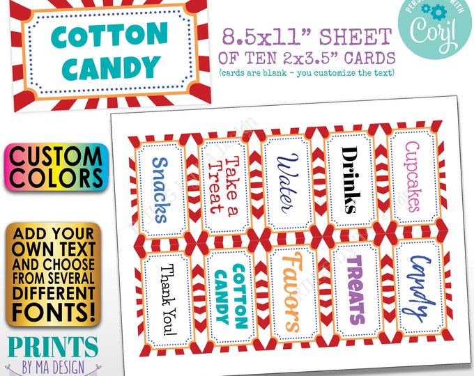 Carnival Place Cards, Buffet Food Labels, Circus Birthday Party, Custom Colors, 1 PRINTABLE 8.5x11" Sheet of 2x3.5" <Edit Yourself w/Corjl>