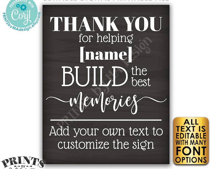 Thanks for Building Memories Sign a Block, Graduation Retirement, Custom PRINTABLE 8x10/16x20” Chalkboard Style Sign <Edit Yourself w/Corjl>