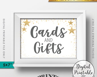 Cards and Gifts Baby Shower Sign, Cards & Gifts Gray Text Baby Shower Decor Gold Glitter Twinkle Stars, Instant Download 5x7” Printable Sign