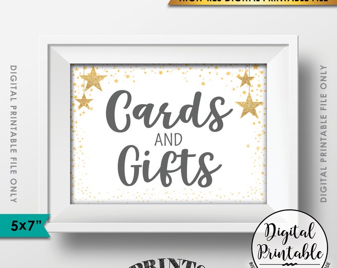 Cards and Gifts Baby Shower Sign, Cards & Gifts Gray Text Baby Shower Decor Gold Glitter Twinkle Stars, Instant Download 5x7” Printable Sign