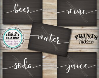 Beverage Station Signs, Drink Signs, Soda Juice Water Beer Wine, Five PRINTABLE 5x7” Chalkboard Style Signs <ID>