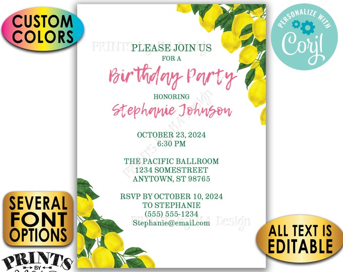 Lemon Birthday Party Invitation, Tuscan Garden Party, Summer Birthday, Custom 5x7" Digital Printable File <Edit Yourself with Corjl>