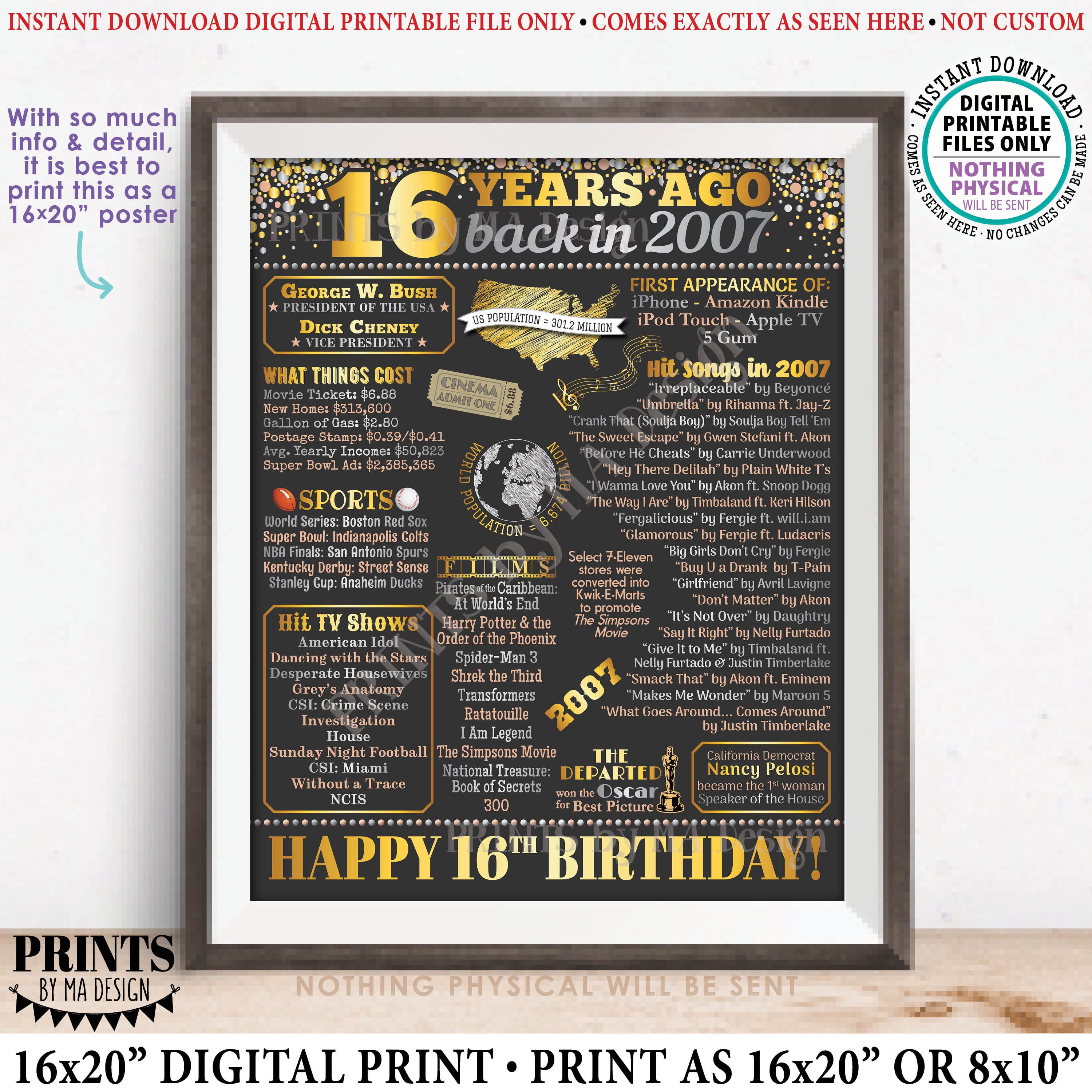 16th Birthday Poster Board, Back in the Year 2007 Flashback 16 Years