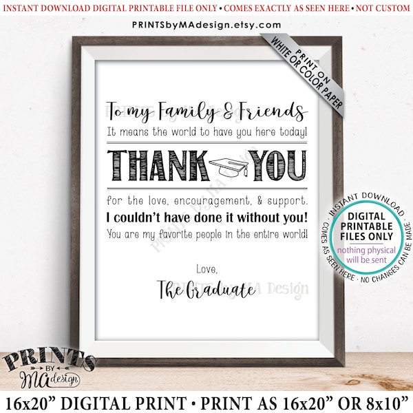 Thank You Sign, Thanks from the Graduate Sign, Grad Thank You Card, Graduation Party Decoration, PRINTABLE 8x10/16x20” Grad Sign <ID>