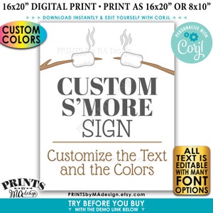 Custom S&#39;more Sign, Smore Station, All Text is Editable, Custom Colors, PRINTABLE 8x10/16x20” S&#39;mores Bar Sign &lt;Edit Yourself with Corjl&gt;