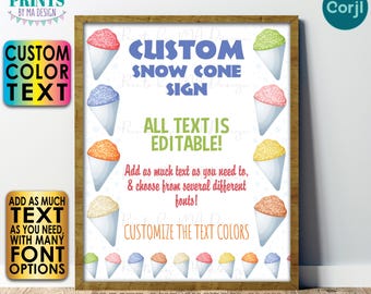 Editable Snow Cone Sign, One Custom PRINTABLE 8x10/16x20” Portrait Sign, Frozen Treats, Choose Text <Edit Yourself w/Corjl>