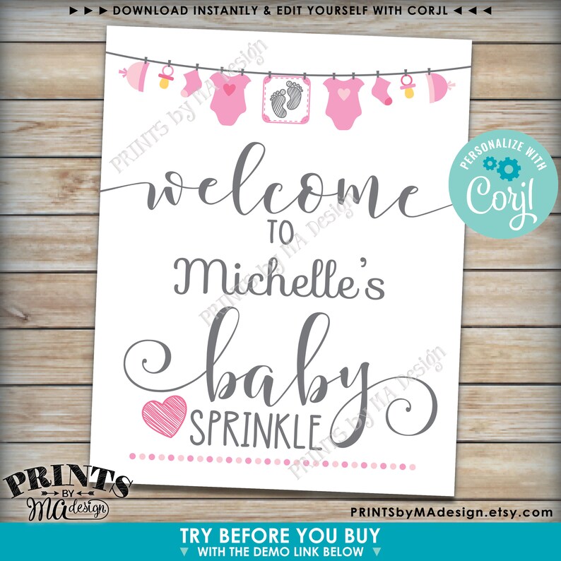 Op de afbeelding: Een printbaar welkomsbord voor een baby sprinkle met een roze en grijze kleurstelling. Het bord zegt "Welkom bij Michelle's Baby Sprinkle".