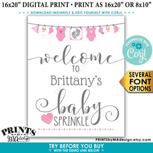 Op de afbeelding: Een printbaar welkomsbord voor een baby sprinkle, met een roze en grijze kleurstelling. Het bord zegt "Welkom bij Brittany's Baby Sprinkle".