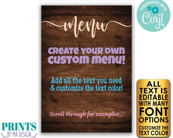 Editable Menu, PRINTABLE 5x7” Rustic Wood Style Sign with Custom Colors, Wedding Anniversary, Retirement, Graduation <Edit Yourself w/Corjl>
