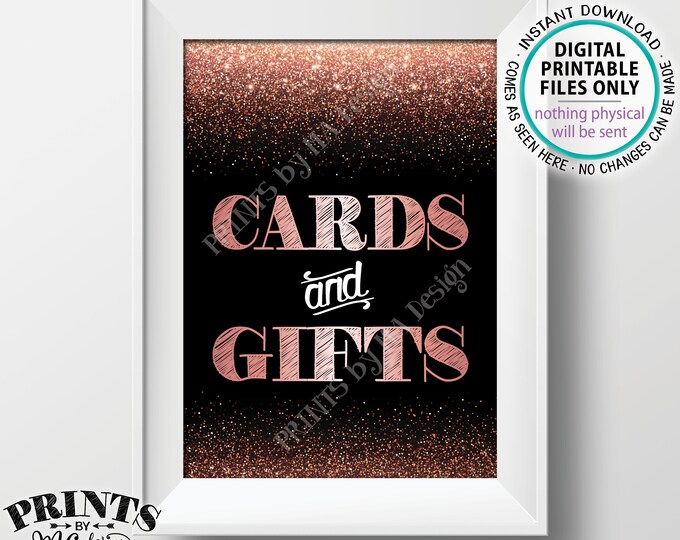 Cards and Gifts Sign, Cards & Gifts Sign, Birthday, Anniversary, Graduation, Retirement, Black/Rose Gold Glitter PRINTABLE 5x7” Sign <ID>