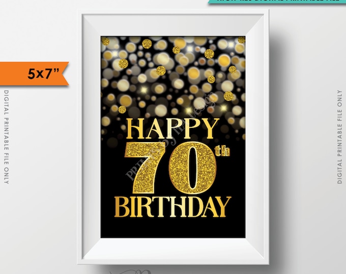 70th Birthday Card Black & Gold Glitter 70th B-day Golden Bokeh, Turning Seventy Birthday Card, 5x7" Instant Download Digital Printable File