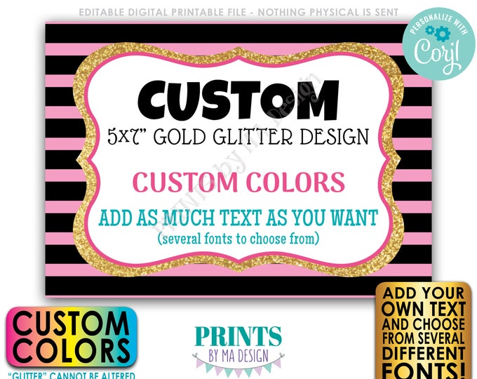 Design a Custom Sign, Choose Your Text and Colors, Gold Glitter on Stripes, PRINTABLE 5x7" Landscape Design <Edit Yourself with Corjl>