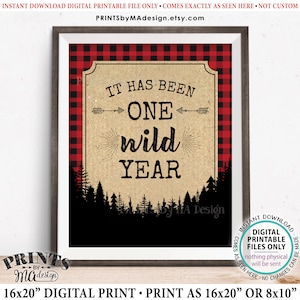 It has been One Wild Year Lumberjack First Birthday Party Decor, PRINTABLE 8x10/16x20” 1st B-day Red Checker Buffalo Plaid Table Sign <ID>