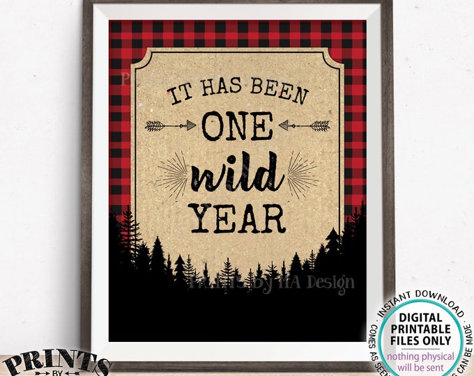 It has been One Wild Year Lumberjack First Birthday Party Decor, PRINTABLE 8x10/16x20” 1st B-day Red Checker Buffalo Plaid Table Sign <ID>