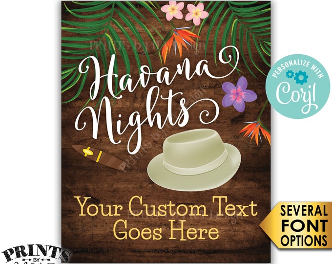 Havana Nights Sign, Custom PRINTABLE 8x10/16x20” Dark Brown Rustic Wood Style Sign, Palm Trees Cigar Fedora Hat <Edit Yourself with Corjl>