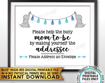 Address an Envelope Sign, Elephant Baby Shower Help the Busy Mom-to-Be Sign, Blue Baby Shower Decor, PRINTABLE 8x10” Baby Shower Sign <ID>
