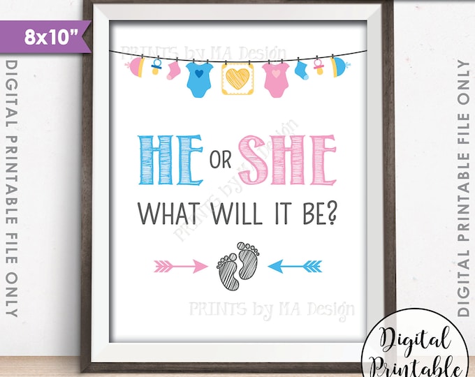 Gender Reveal Sign, He or She What Will It Be Gender Reveal Party, Pink or Blue Boy or Girl Reveal, PRINTABLE 8x10” Sign, Digital File <ID>