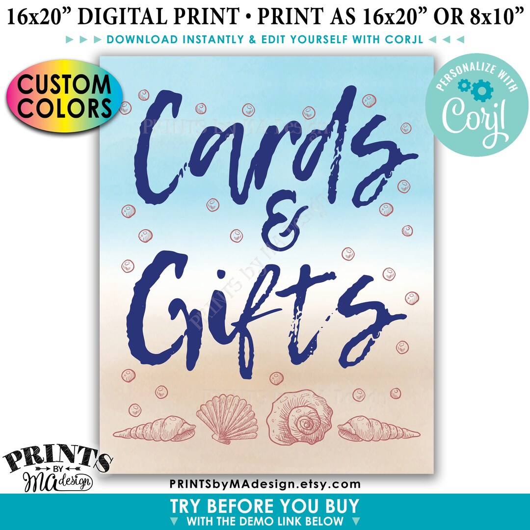 Beach Themed Cards & Gifts Sign, Seashells, PRINTABLE 8x10/16x20 ...