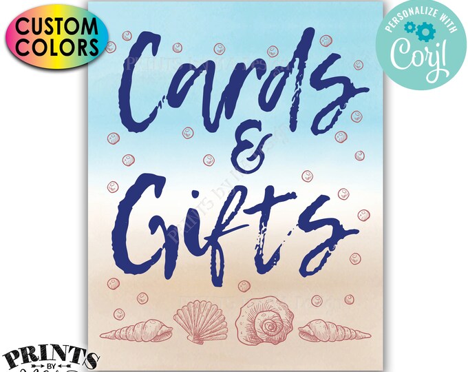 Beach Themed Cards & Gifts Sign, Seashells, PRINTABLE 8x10/16x20” Watercolor Style Sign <Edit Colors Yourself w/Corjl>