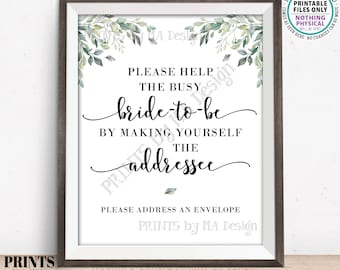 Address an Envelope Bridal Shower Sign, Help the Bride-to-Be, Be the Addressee, Watercolor Leaves Greenery, PRINTABLE 8x10/16x20” Sign <ID>
