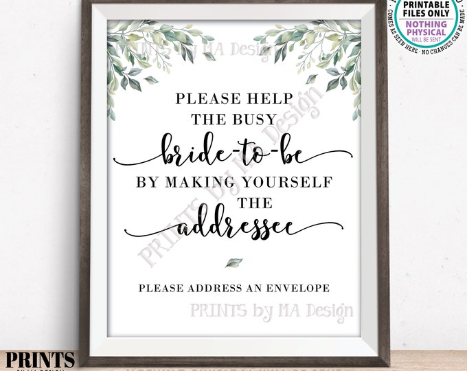 Address an Envelope Bridal Shower Sign, Help the Bride-to-Be, Be the Addressee, Watercolor Leaves Greenery, PRINTABLE 8x10/16x20” Sign <ID>