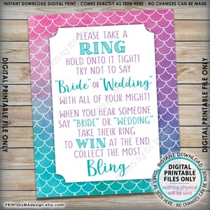 Mermaid Bridal Shower Sign, Take a Ring, Don't Say Bride or Wedding Bridal Shower Game Sign, PRINTABLE 8x10 Watercolor Style Sign ID image 2