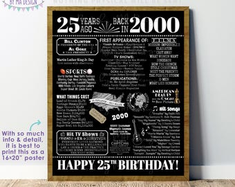 25th Birthday Poster Board, Born in the Year 2000 Flashback 25 Years Ago B-day Gift, PRINTABLE 16x20” Back in 2000 Black & Silver Sign <ID>