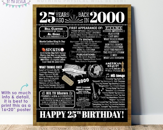 25th Birthday Poster Board, Born in the Year 2000 Flashback 25 Years Ago B-day Gift, PRINTABLE 16x20” Back in 2000 Black & Silver Sign <ID>