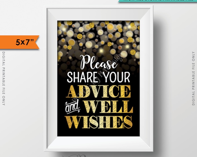 Advice and Well Wishes Sign Share Advice Birthday, Anniversary, Retirement, Graduation, Black & Gold Glitter Instant Download 5x7” Printable