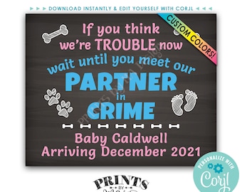 Meet Our Partner in Crime Dogs Pregnancy Announcement Sign, PRINTABLE 16x20” Chalkboard Style Baby Reveal Sign <Edit Yourself with Corjl>