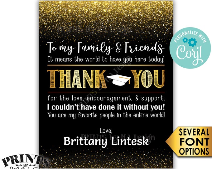 Graduation Thank You Sign, PRINTABLE 8x10/16x20” Black & Gold Glitter Graduation Party Decoration <Edit Yourself with Corjl>