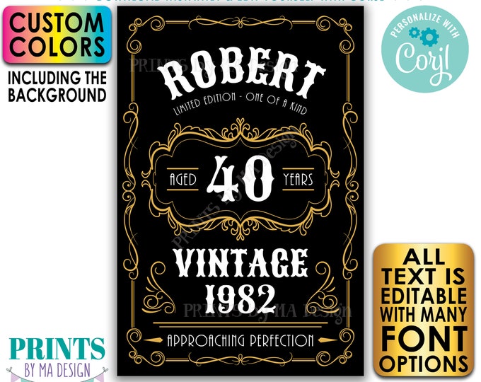 Editable Vintage Birthday Sign, Better with Age Liquor Themed Party, Custom Text & Colors, PRINTABLE 24x36” Sign <Edit Yourself w/Corjl>
